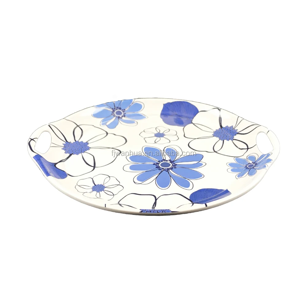 Food safe grade round melamine plate with handles for dinner use