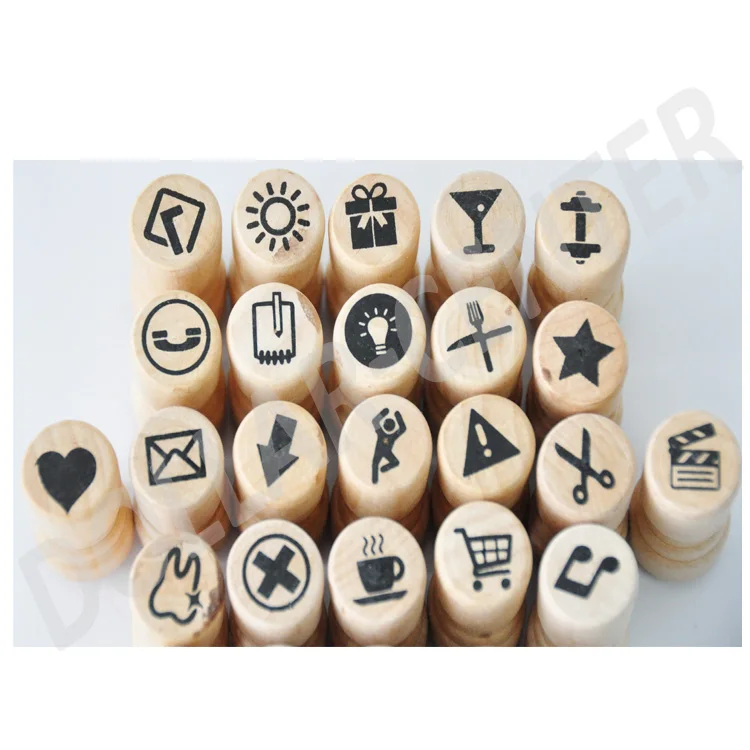 27pcs chessman shape natural color lovely printed design wooden stamp set