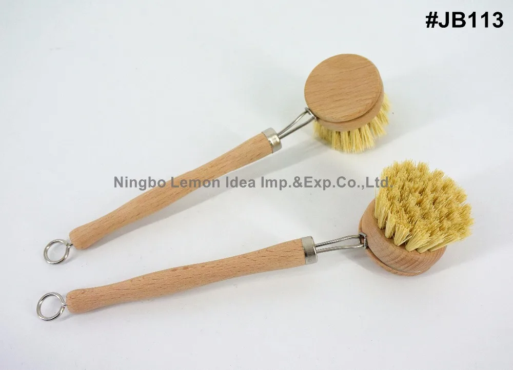 
customized natural bamboo wooden kitchen dish brush with tampico brush refill head 