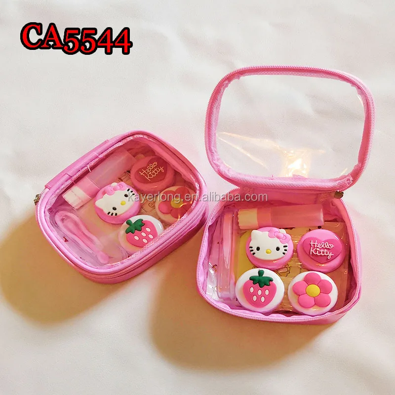 Оптовая продажа ПВХ мягкий Hello kitty и клубника деко, наборами по 2 пары футляр для контактных линз с чехлом из искусственной кожи пу CA5544