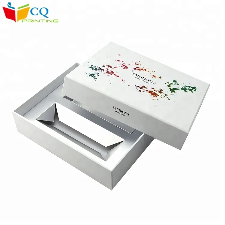 Luxury Elegant White Lid and Base Paper Cardboard Box Macaroon Packaging with Insert Silver Card Tray