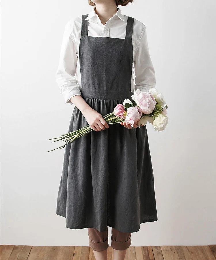 Promotional custom logo cotton and linen dressy apron with ruffle for women