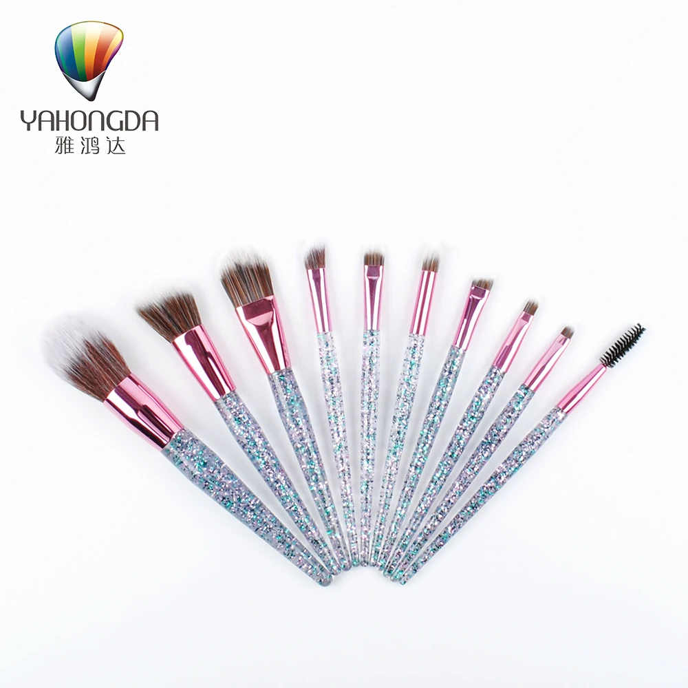HOT SELLING AMAZON 10 Pcs Cute Cosmetic Brushes Crystal Glitter Plastic Handle Makeup Brush for Girls
