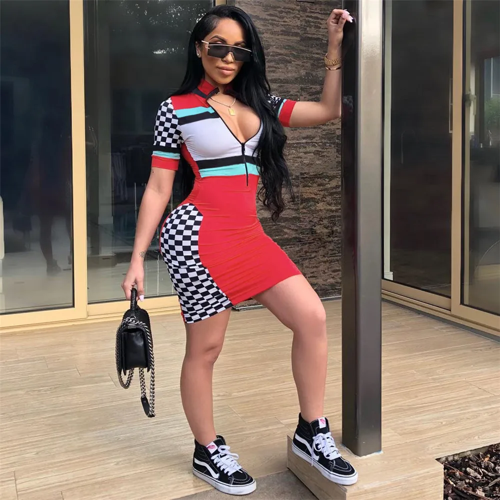 
Ready to ship OEM ODM WA8555 sexy short sleeve sheath zipper front checkered cheerleader dresses 