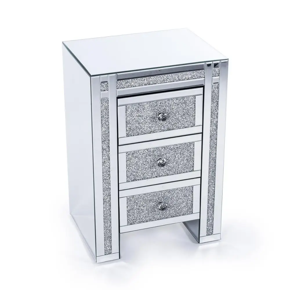 Diamond crush crystal handle 3 drawers mirrored nightstand
