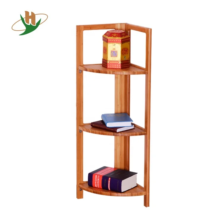 Natural living eco style 3 tiers triangle wood bamboo living room corner shelf rack