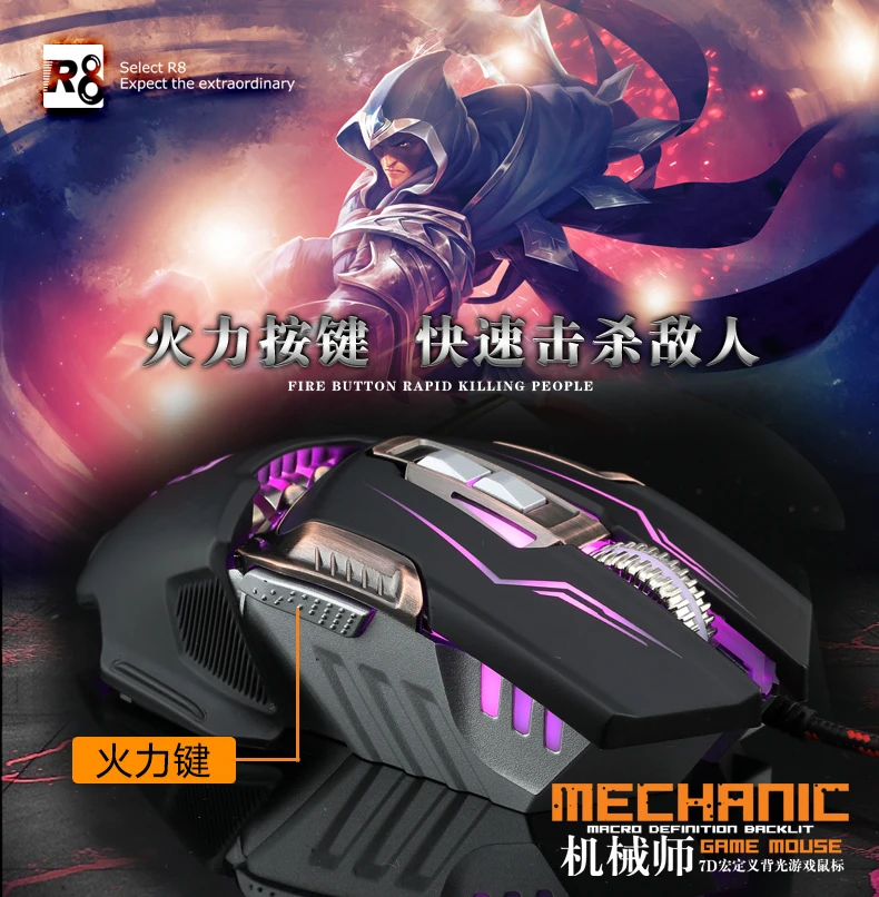 R8 7D Global Hot Sale OEM USB Optical Ergonomics Wired Computer Gaming Mouse with Colorful Led Light