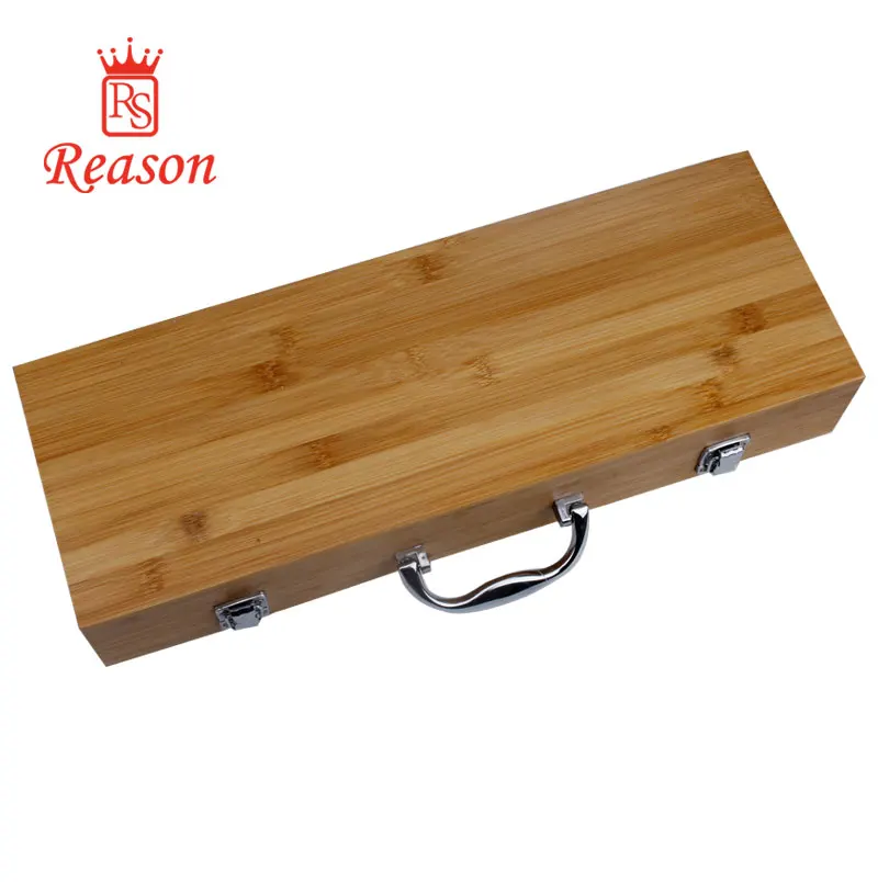 Outdoor BBQ Grill Tools With Bamboo Handle In Portable Wooden Case
