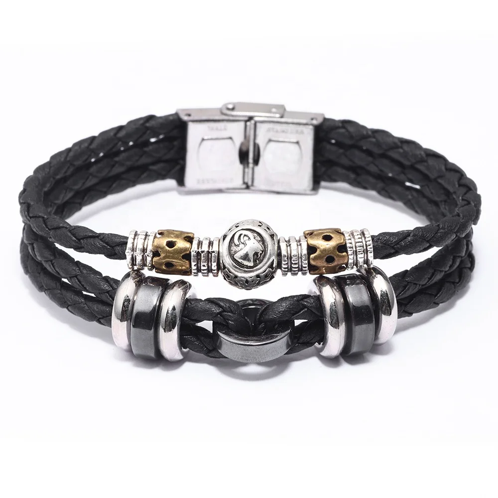 Alloy Charm Leather Zodiac Bracelet Adjustable Metal Buckle 12 Constellations Leather Wrap Bracelets