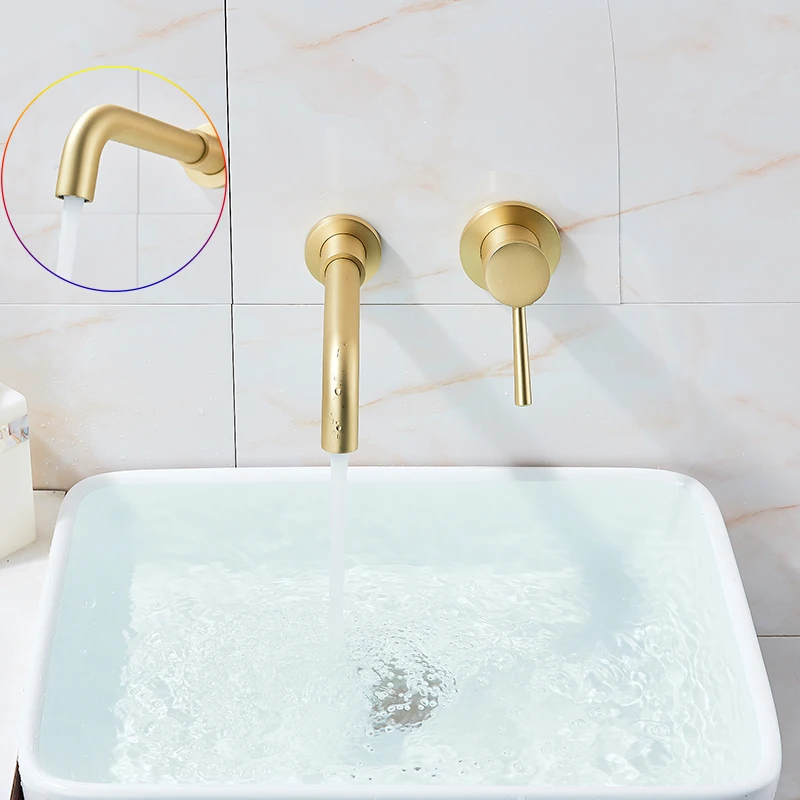 
New Hot Sale Brushed Golden Basin Faucet Concealed Wall Mounted Basin Hot Cold Water Bath Mixer Tap 360 Rotation Single Handle 
