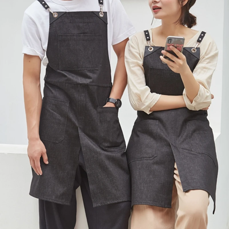 Черный рабочий фартук из джинсовой ткани на кожаных ремешках для бариста, ресторана, садоводства, цветочный, парикмахерский, салонный, комбинезон, фартук