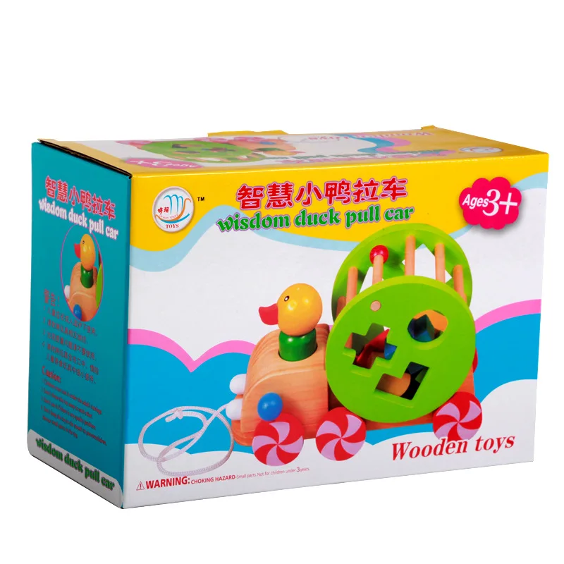 wholesale Children wooden Educational String duck pulling car toys with shape sort blocks toys for kids WPT008