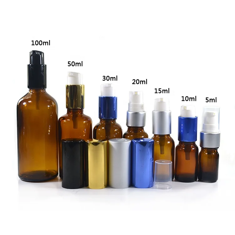 5ml 10ml 15ml 20ml 30ml 50ml 100ml Amber Pump Spray Glass Bottles with Black serum toner dispenser