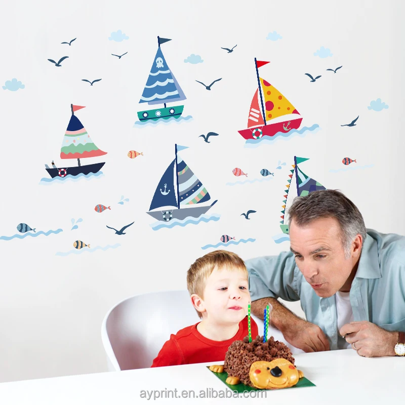 
SK7061 Sailboat Sailing Ship Sea Fish Kids Wall sticker Home DIY decorative TV Background removable Nursery wall Decal 