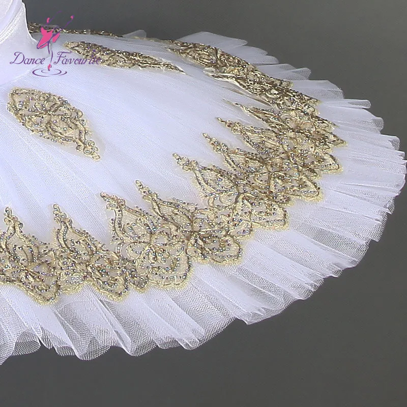 7 layers stiff tulle white professional ballet tutu with gold trim performance dance wear classic tutus dance costume BLL084