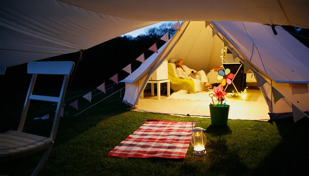 Customized Glamping Luxury Canvas Bell Tent Outdoor Hunting Stretch Awning Bell Teepee Canvas Tent with Jacket Stove