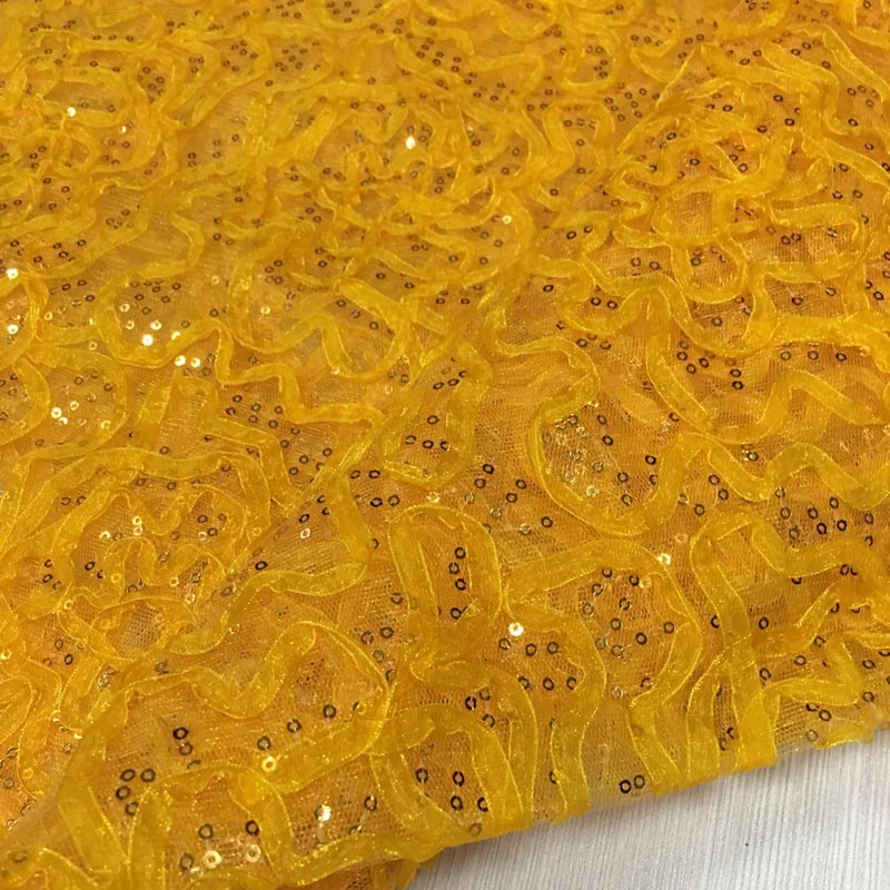 allover 3mm sequin lace embroidery tulle fabric with organza ribbon cord lace fabric for dress clothing