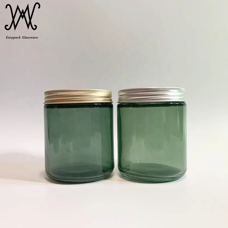 8oz 250ml straight sided round green color glass wax candle jar holder with gold silver metal screw lid