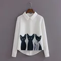2015 New Fashion Printed Tops Three Cats Pullover Shirt Long Sleeved Casual Girls Blusas White Blouses