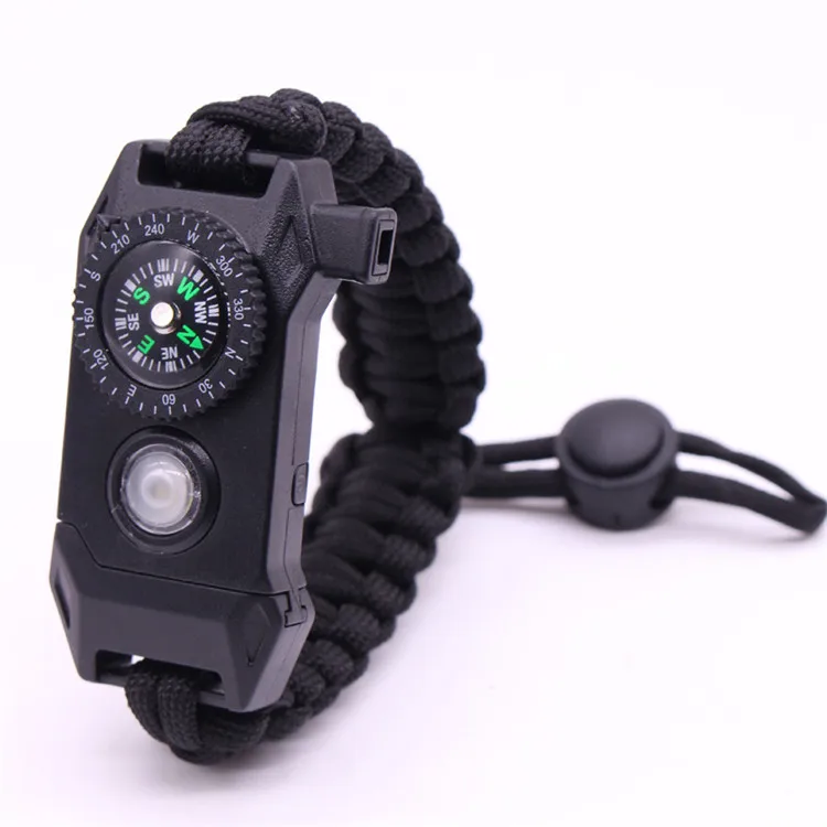 Multifunction LED SOS paracord survival bracelet with led flashlight, compass, firestarter, whistle buckle