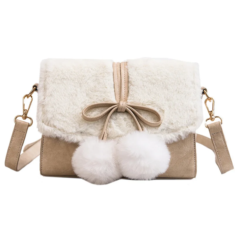 
New stylish 2018 women handbags faux fur mini shoulder bags with bow decoration and long adjustable strap 