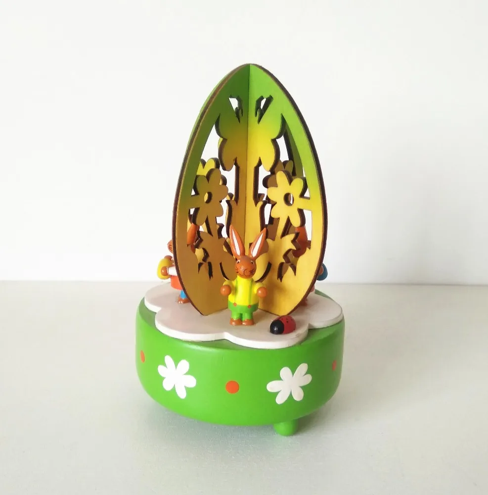 Round flower religious crafts easter bunny music box wood for presents
