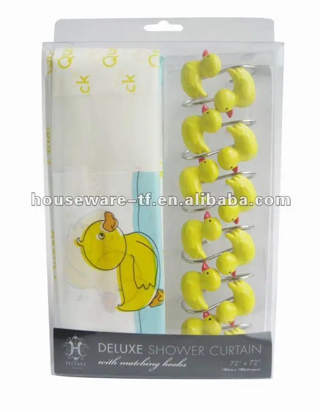 Animal Children Yellow Duck Design PEVA Shower Curtain with C Hooks Set of 13 Plastic Duck Shower Curtain Sets