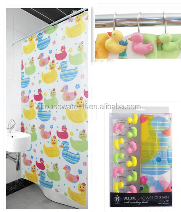 Animal Children Yellow Duck Design PEVA Shower Curtain with C Hooks Set of 13 Plastic Duck Shower Curtain Sets