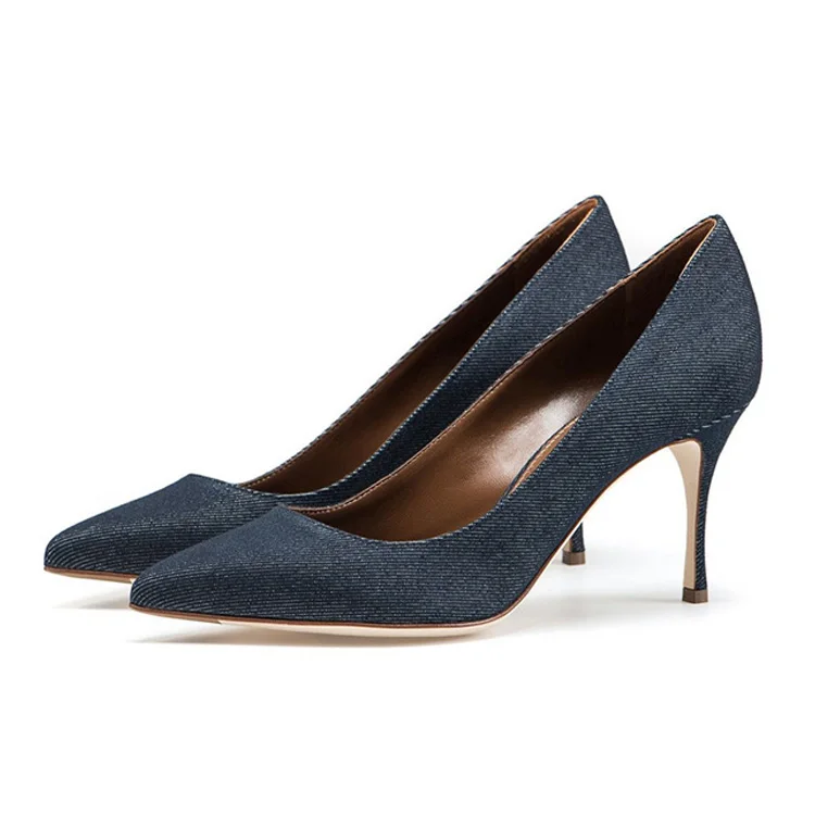 Summer Fashion Oxford Fabric Mid Pointy High Heel Shoes for Women Pumps Ladies Custom Shoe Making
