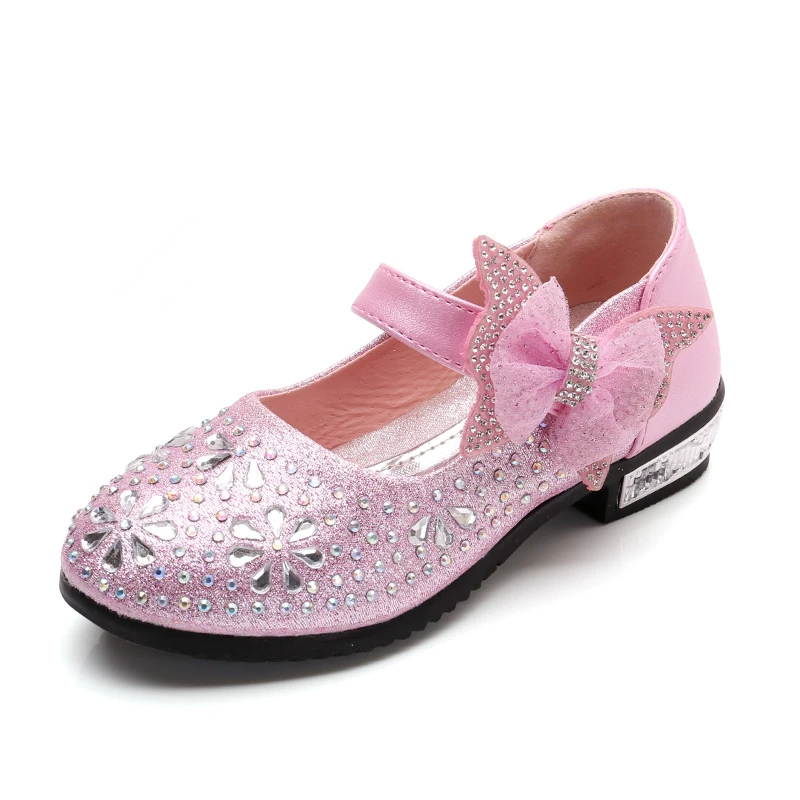 Autumn New Crystal Shiny Bowknot Children Princess Kids High Heel Shoes