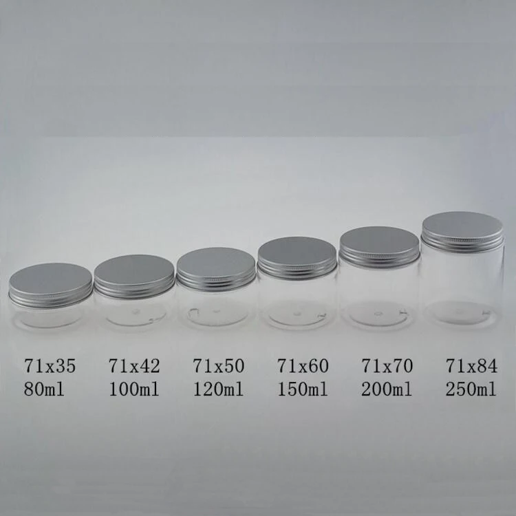 
150ml 200ml 250ml Plastic PET Jar with Aluminum Cap, 5oz 6oz 7oz Clear Jar with Aluminum Cap 