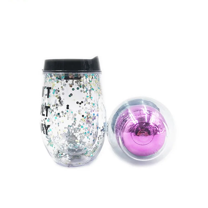 Plastic Confetti Wine Sippy Cups, 10 oz Glitter Stemless Wine Glass, double wall tumbler