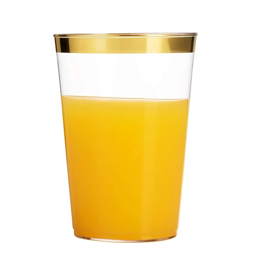 
100 Gold Plastic Cups 10 Oz Clear Plastic Tumblers Gold Rimmed Fancy Disposable Wedding Elegant Party with Gold Rim 