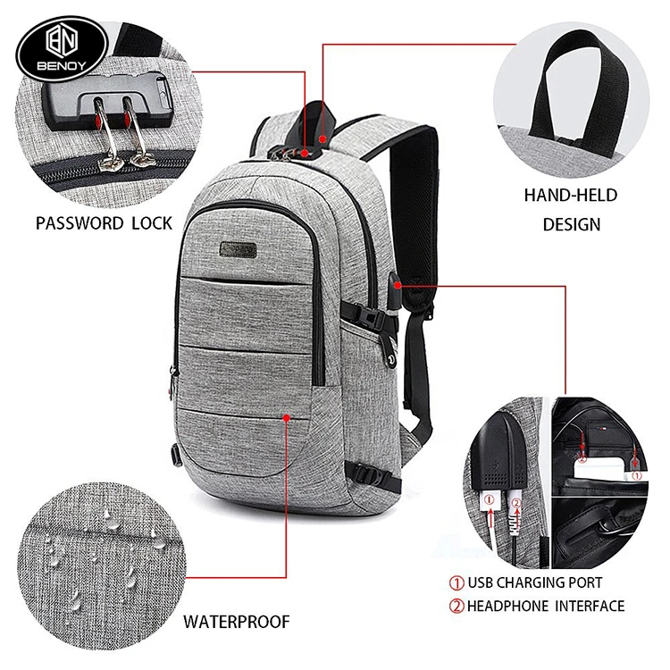 Hot sale waterproof Resistant Polyester Laptop Backpack bag with USB Charging Port Lock Headphone interface