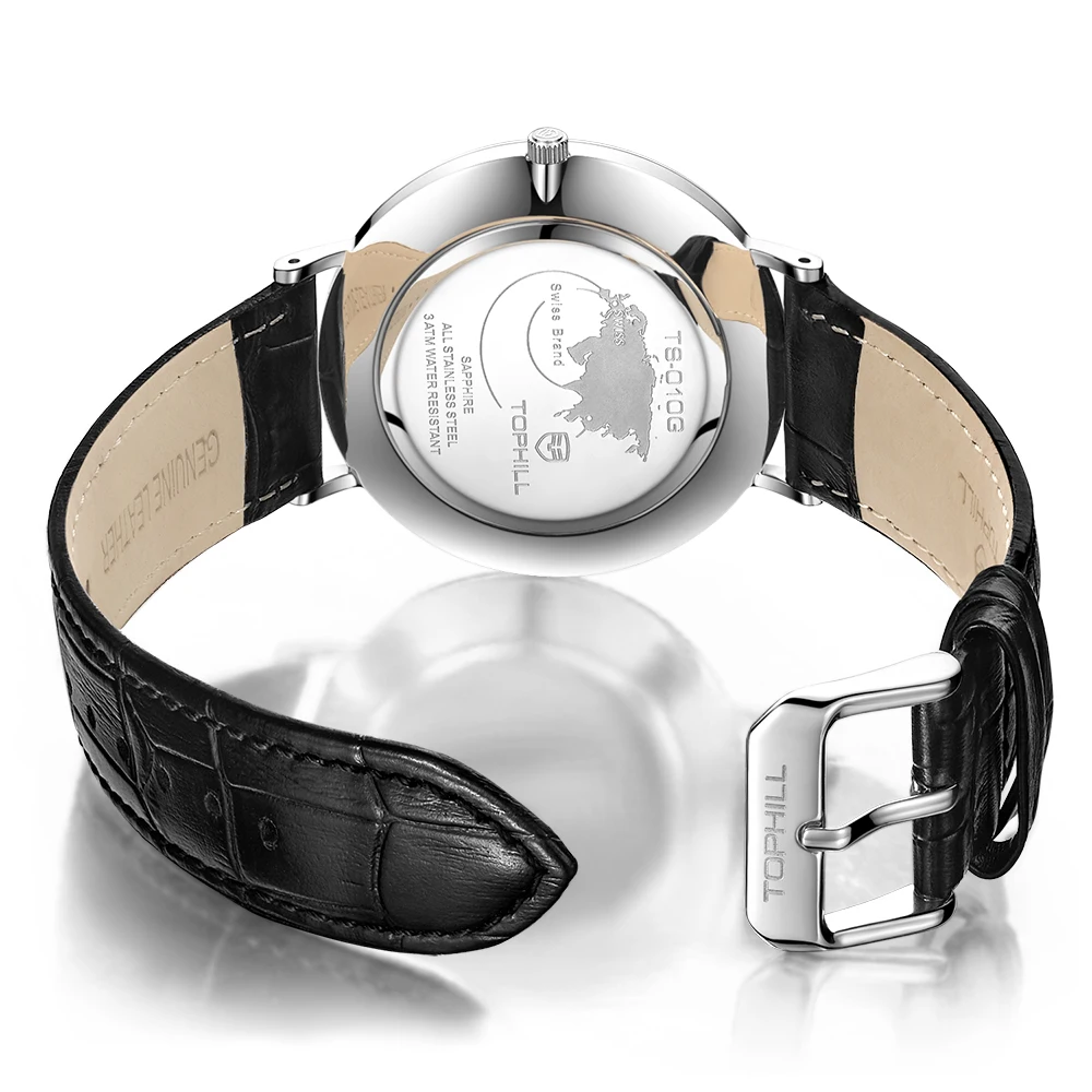 Minimalist Stainless Steel Case Back Genuine Leather Band Slim Stone Quartz Wrist Watch Japan