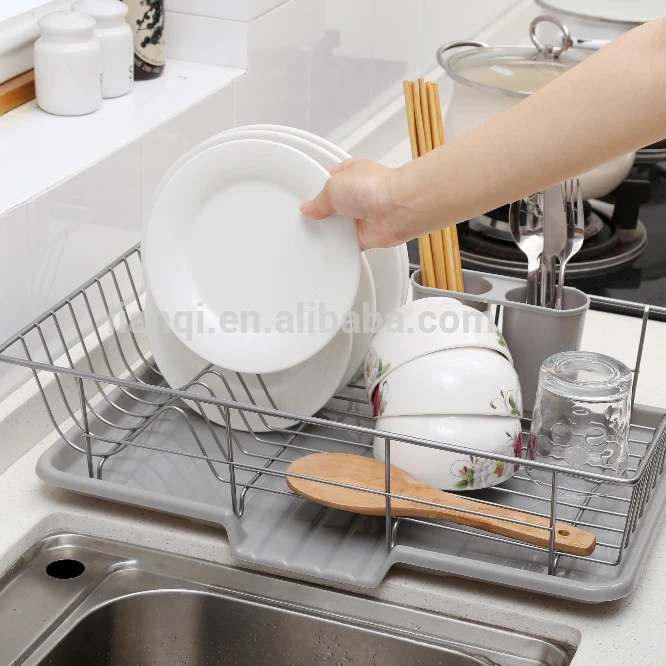 Stainless Steel kitchen plate storage dish drying rack with plastic salver