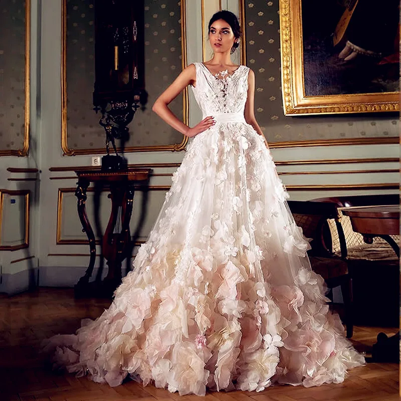 Gorgeous 3D Flower Wedding Dresses Sleeveless Lace Appliques Wedding Gown Italian Bridal Dresses 2021 New vestido de noiva