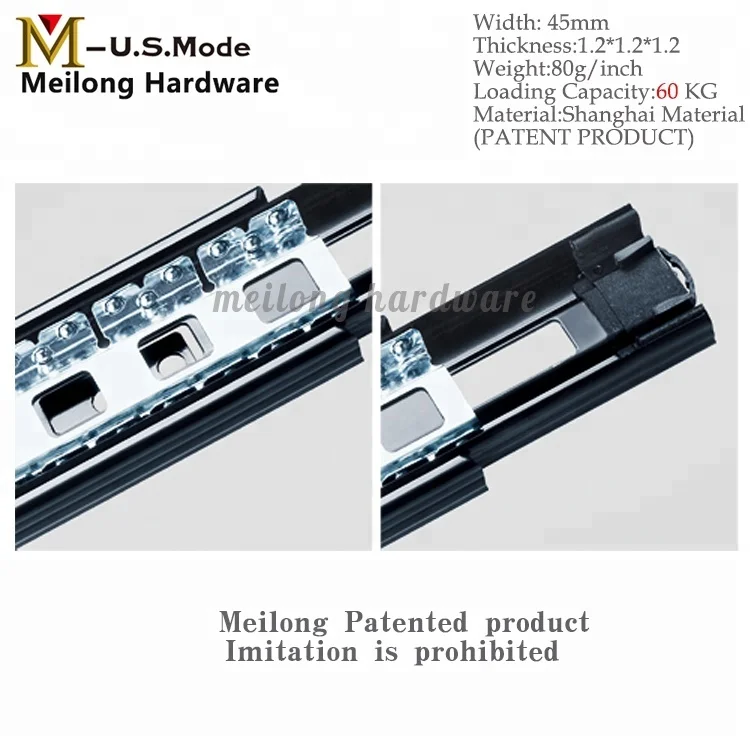 Meilong hardware Patented product 3 Fold Full Extension Ball Bearing Drawer Slide Rail/ Telescopic Channel for table 45mm