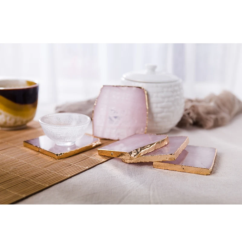 Coffee and Tea Coaster Crystal Pink Agate Coaster Gold Rim