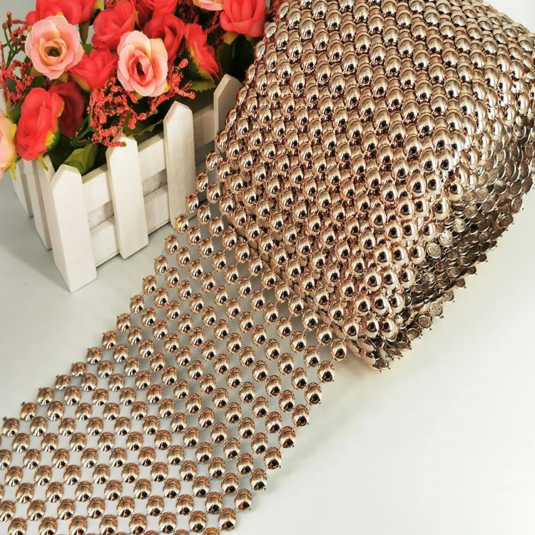 
Stylish 12 row gold bead trimming mesh rhinestone bows ribbon for button decoration 
