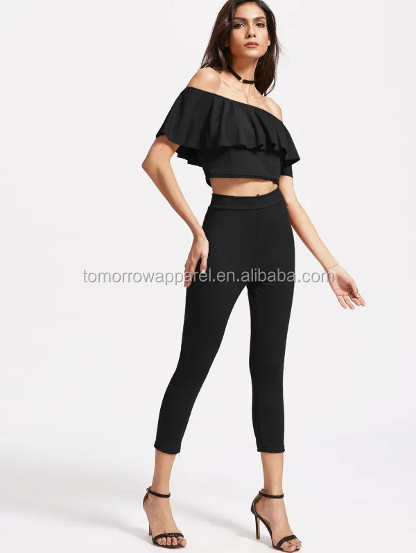 
Off The Shoulder Ruffle Crop Top With Pants Manufacture Wholesale Fashion Women Apparel (TA4059SS) 