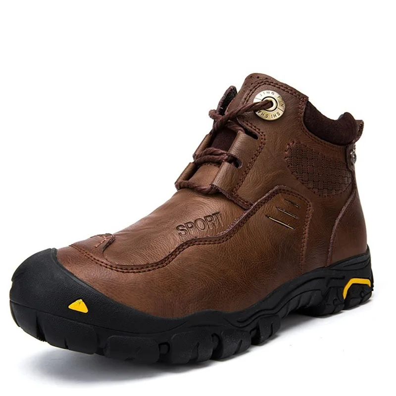 Мужские Теплые ботильоны из воловьей кожи, коричневые ботинки с плюшевой подкладкой, Рабочая обувь для снега, уличные ботинки для снега, зима 2019
