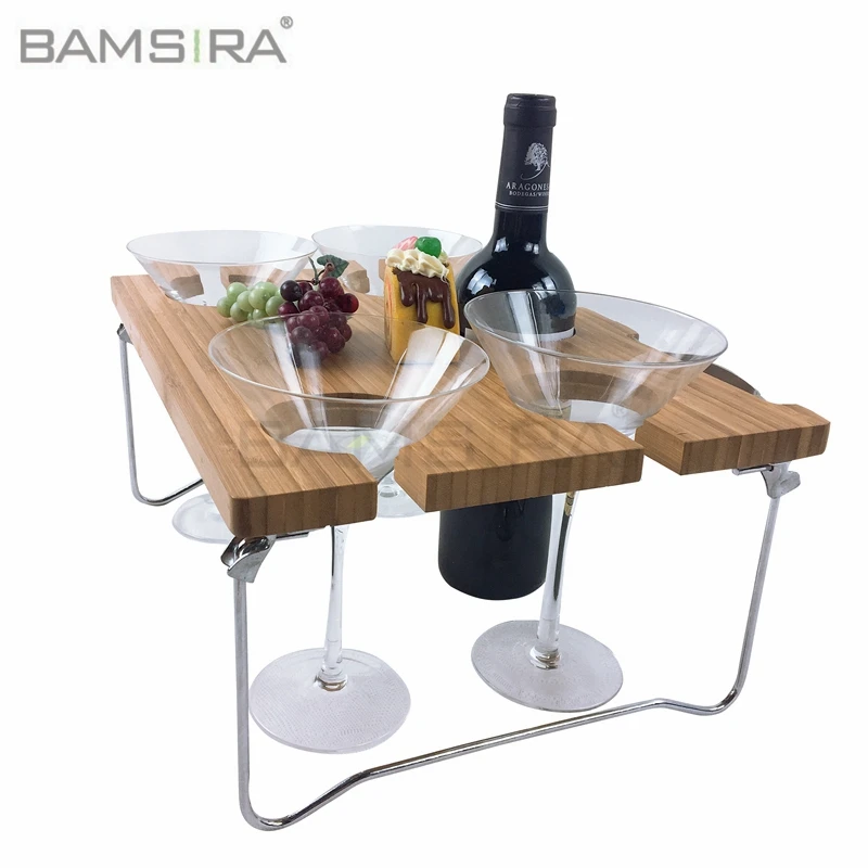 Natural bamboo wine and snack folding beach table, foldable picnic table