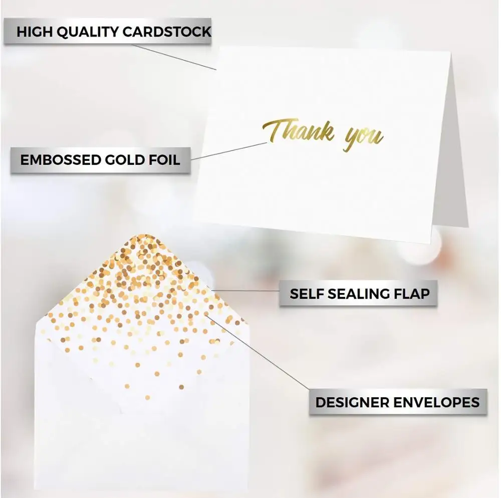 
Thank You Cards with Envelopes - Thank You Notes, white & Gold Foil - Blank Cards with Envelopes For Business, Wedding 