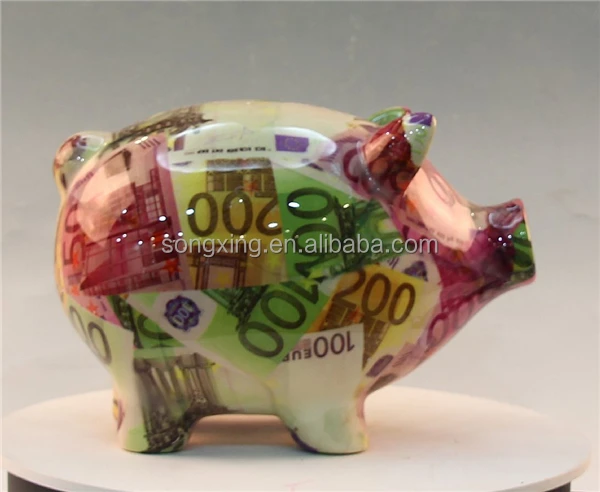 Wholesale ceramic pink pig piggy bank with thermo printing Size and shape can be customized