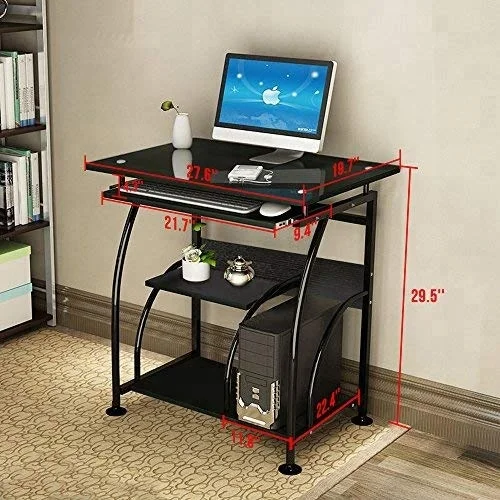 Tempered glass Steel Computer Desk with storage shelf Study PC Laptop Study Writing Table Home Office use Furniture