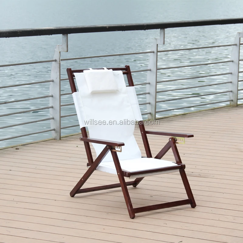 HE-1055,Promotional wooden folding beach deck chair,wood fabric deck chair with pillow with footrest
