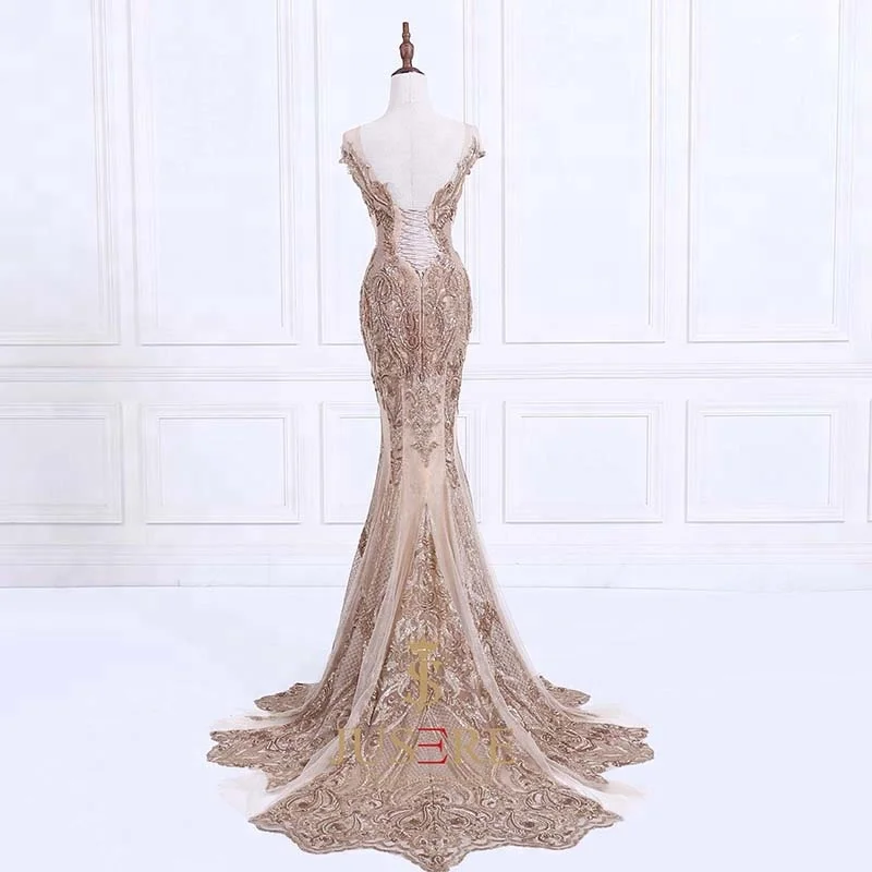 Sexy Mermaid  Gold Luxury Appliqued Beaded Lace Evening Dresses Middle East  In Turkey Dubai Prom Gown