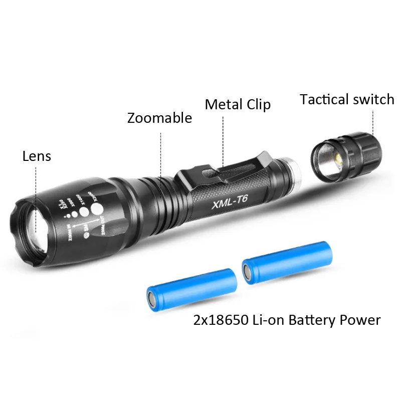 Aluminum 1000 Lumen 18650 Battery Powered Flashlight High Quality Waterproof T6 LED Zoomable Tactical Flashlight