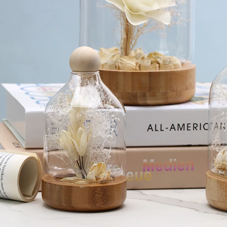 Beauty and the Beast Inspired Red Rose Flower LED Light with Fallen Petals in a Glass Dome on a Wooden Base